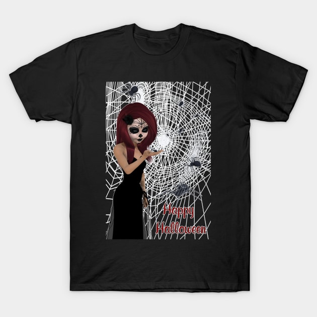 Black Widow Sugar Skull Girl Happy Halloween T-Shirt by 2HivelysArt